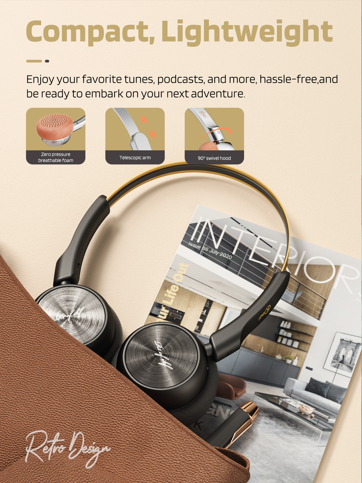 iKF R1 Wireless Retro Wireless Headphones Bluetooth 5.3 APP Custom Sound 60 Hours Playtime Game Mode Noise Isolation Built-in Microphone Throwback 80s 90s Design (Black Gold)
