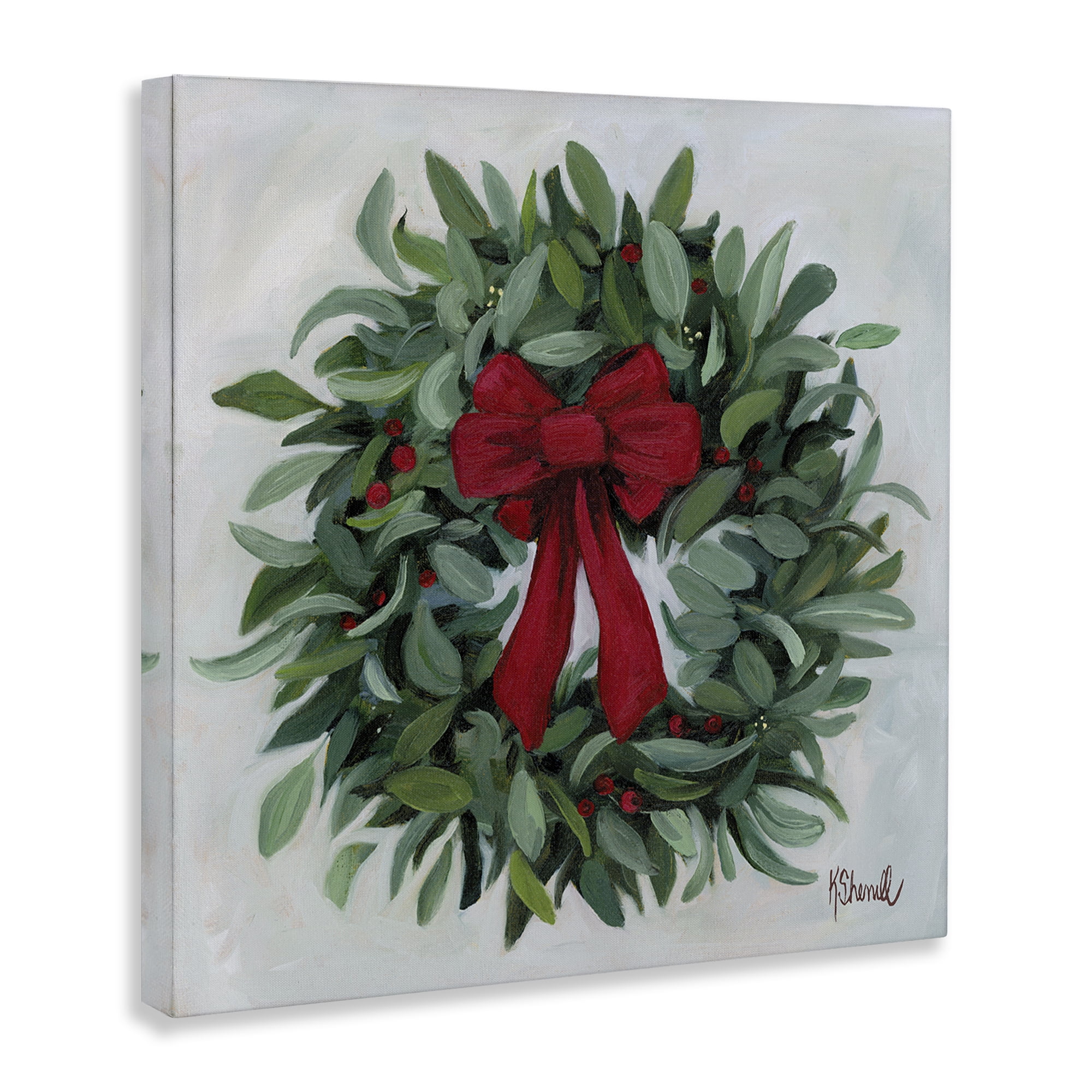 Stupell Industries Wreath with Red Bow Holiday Painting Gallery Wrapped Canvas Art Prints Wall Art, 36 x 36