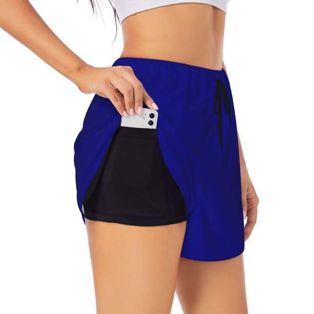Balery Navy Pantalones cortos deportivos para mujer con forro y dos bolsillos, elásticos, para entrenamiento, gimnasio, yoga-Medium