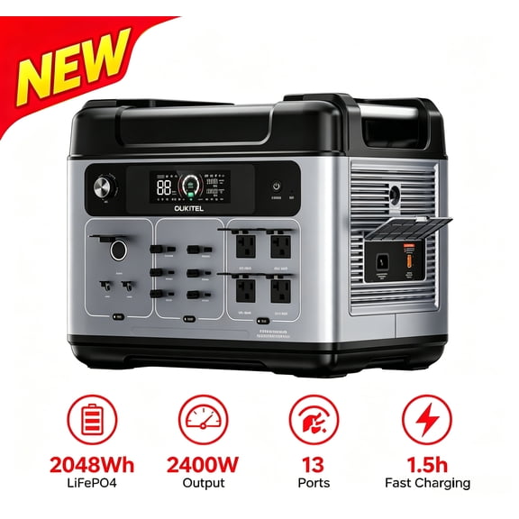 OUKITEL P2001 Plus Portable Power Station, 2048Wh LiFePO4 Battery, 2400W AC Output, UPS Function, Recharge by AC/Car/Solar, for Home Backup, Camping, RV Travel & Emergency