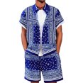 thumbnail image 5 of OOOUM Men All Over Print Outfits Lapel Short Sleeve Button Shirt Drawstring Elastic Waist Shorts Summer Beach Vacation Casual Outfit Blue M, 5 of 5