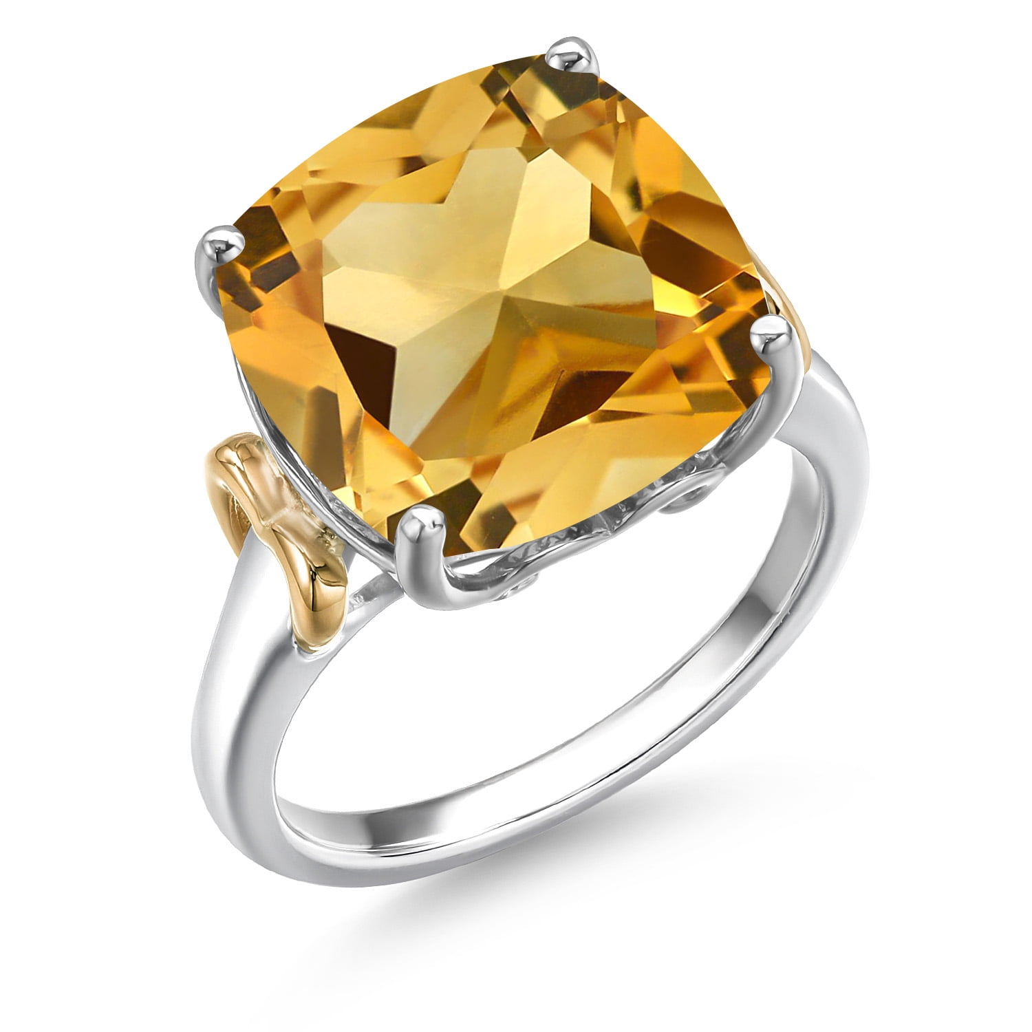 Gem Stone King 925 Silver and 10K Yellow Gold Yellow Citrine Solitaire Engagement Ring for Women | 6.50 Cttw | Cushion 12MM | Gemstone November Birthstone | Size 9