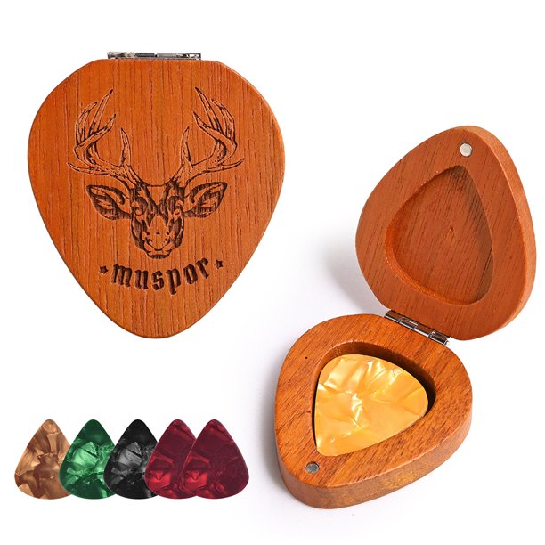 Soporte Para Púas De Guitarra Contenedor de púas de guitarra Caja de almacenamiento de coleccionista de madera con 5 púas de guitarra