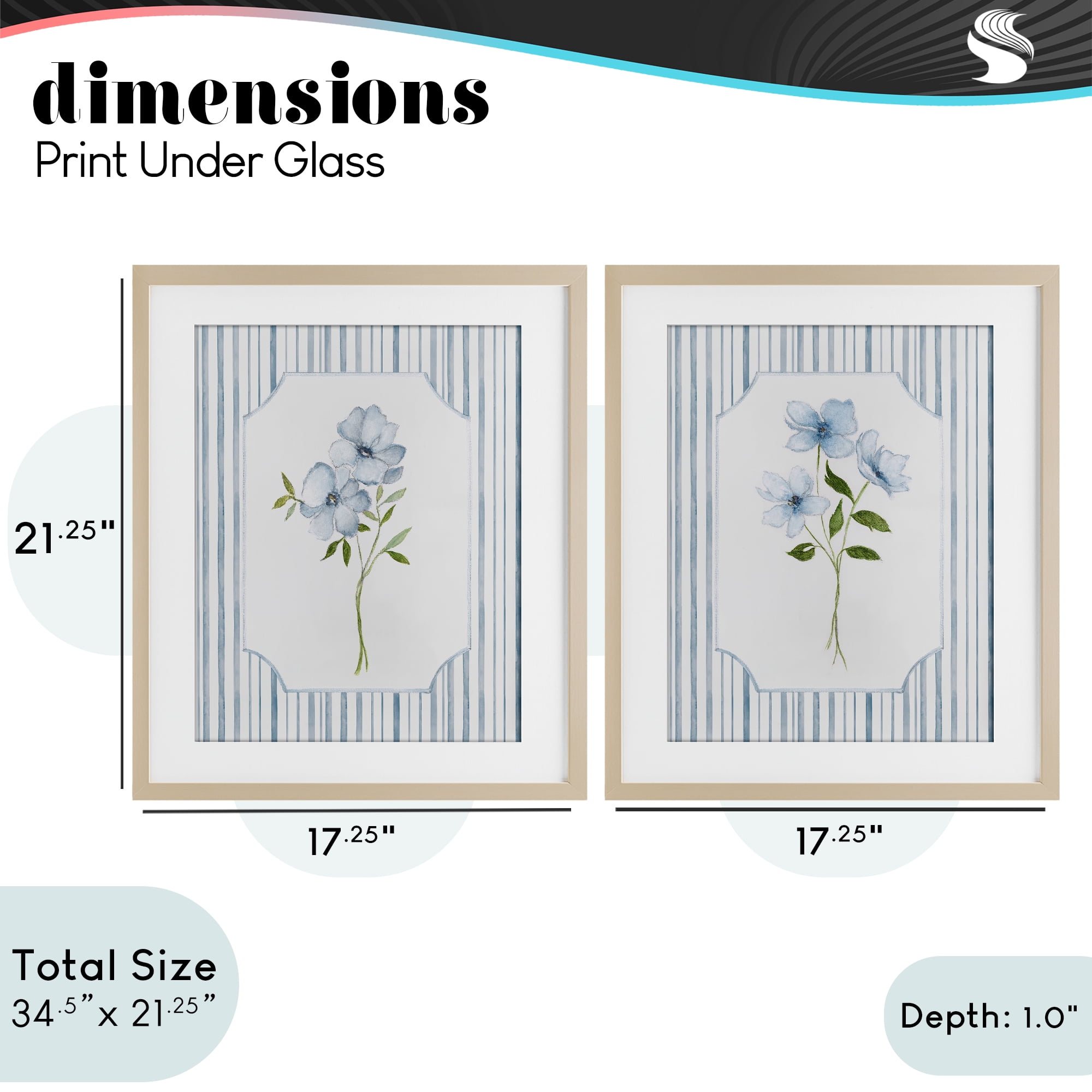 Stupell Industries Blue Blooms & Stripes 2 Piece Birch Framed Print Under Glass Set, design by Tava Studios
