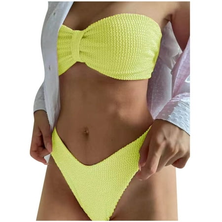 Women S Split High Waisted Solid Color Swimsuit Conservative And Fashionable Lace Bikini Swimsuit Ribbed Strapless Tube Bikini Top with High Waist Cheeky Bottom Bathing Suit