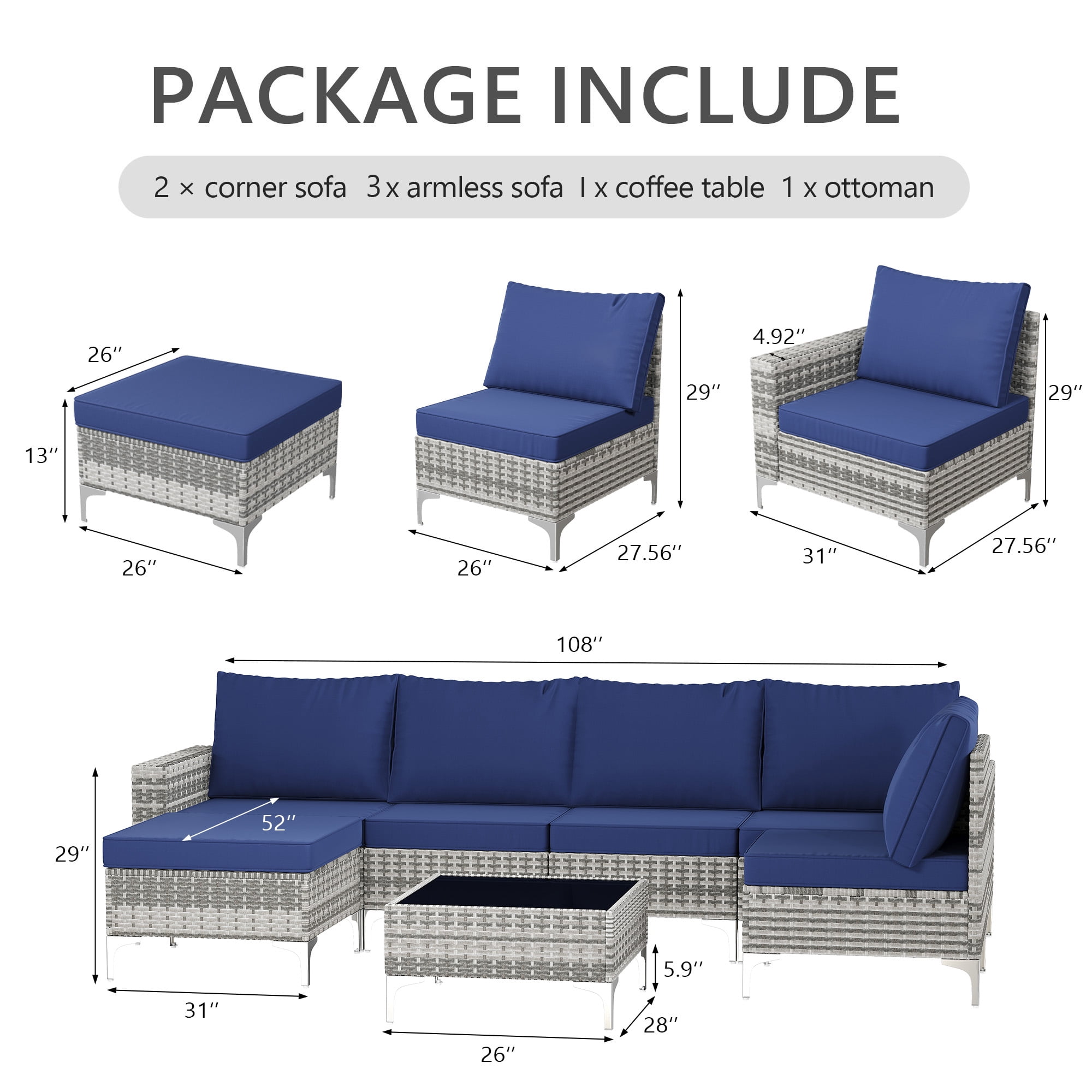 LAZZO 7-Piece Outdoor Conversation Set, Wicker Patio Furniture Set with Cushions and Coffee Table, Blue