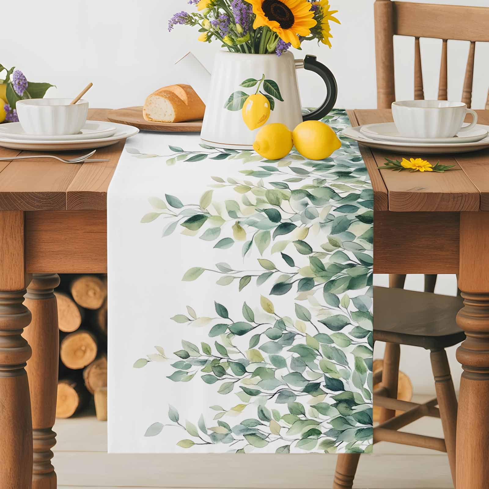 Green Watercolor Eucalyptus Leaves Table Runner 90 Inches Long, Spring Foliage on White Table Runners Tabletop Scarf Kitchen Dining Tables Decoration for Home Party Indoor Outdoor