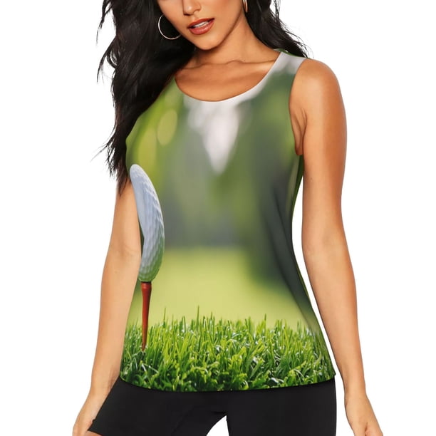 Fotbe golf ball perched on a tee Blusas Sin Mangas para Mujer – Estilo Casual, Corte Suelto, Slim-Fit, Cuello Redondo Deportivo, Tops de Verano para Gimnasio y Yoga-Large