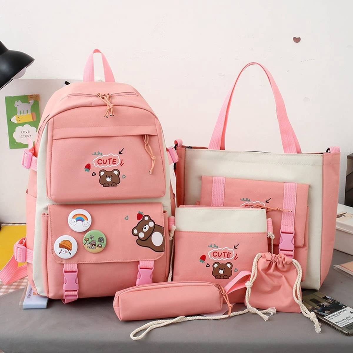 5Pcs Kawaii Cute Backpacks Combo Set with Bear Pendant & Pins - Back To School Supplies Japanese Anime Student Daypack Bag Kit with Tote