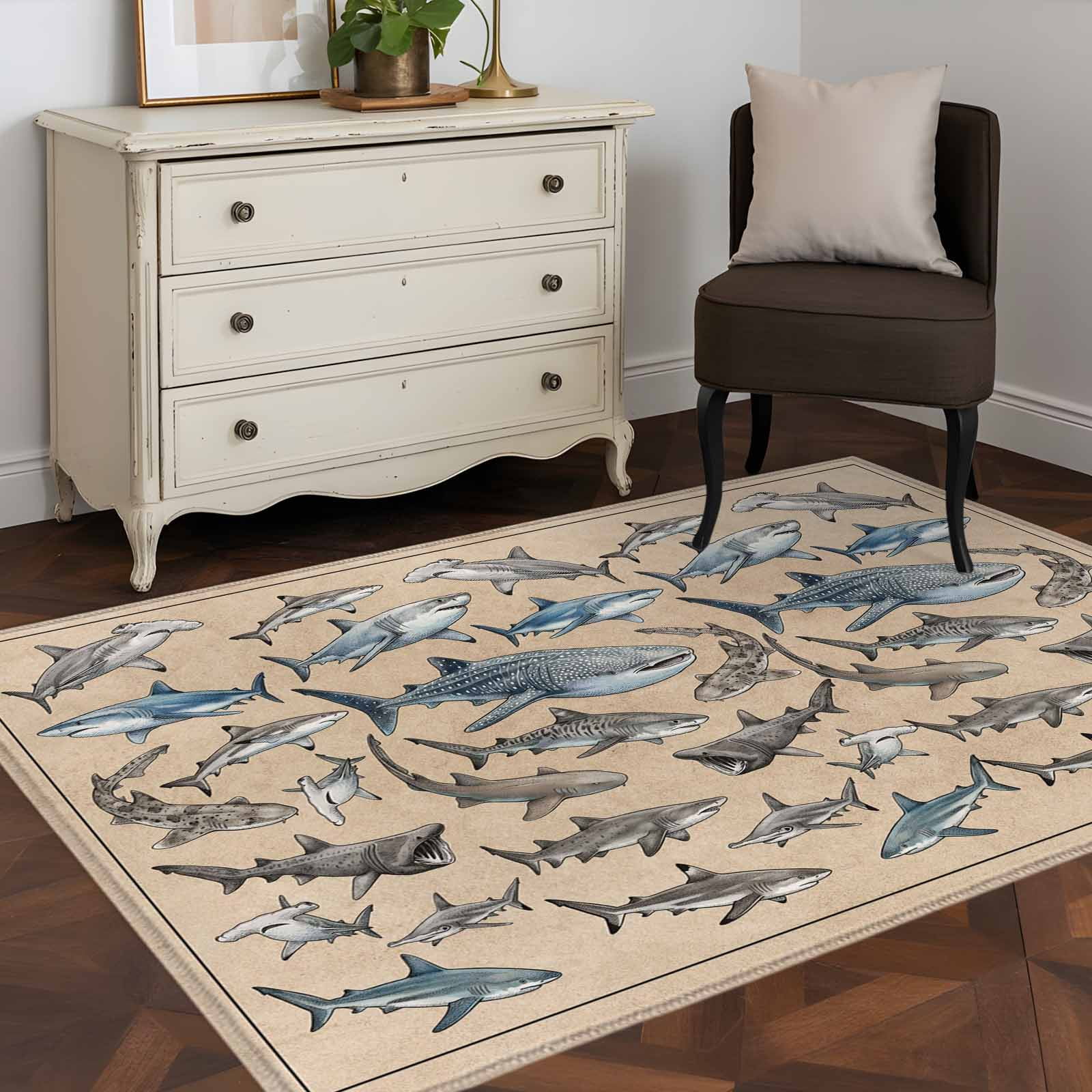 Area Rugs 2.7'x5', Ocean Sharks Carpet for Living Room Bedroom Dining Room, Vintage Coastal Underwater Animals Brown Throw Kitchen Rugs Non Slip Washable Rectangle Indoor Outdoor Rugs