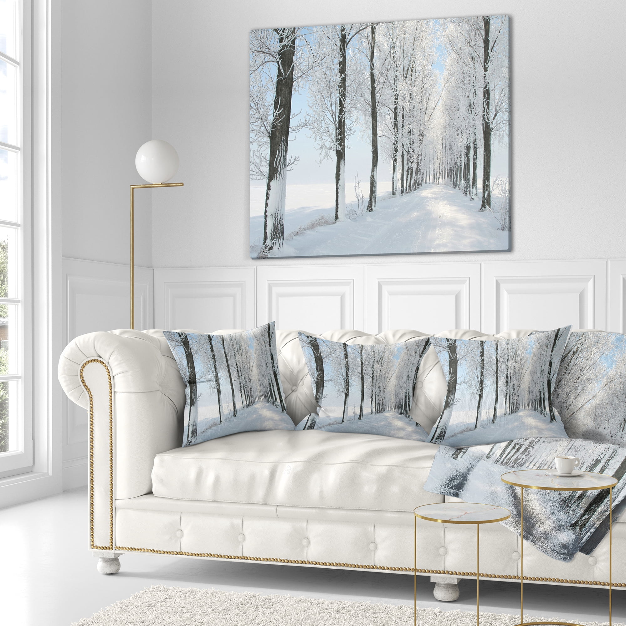 Designart Beautiful Winter Forest Lane Photo - Forest Throw Pillow - 18x18