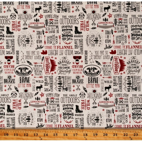 Cotton Woodsman Lumberjack Outdoors Adventure Words Phrases Cream Cotton Fabric Print by the Yard (C13762)