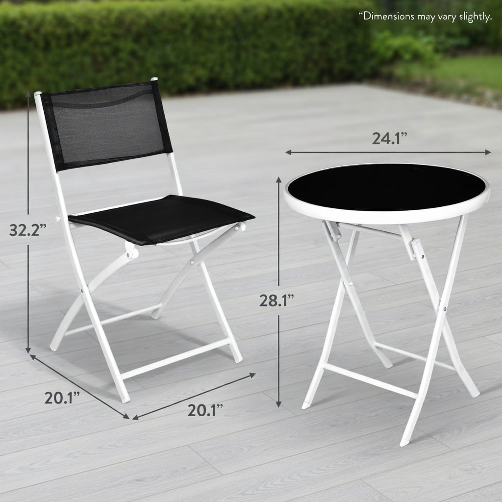 Hommoo 3-Piece Folding Outdoor Bistro Set, 2 Steel-Frame Chairs + Tempered Glass Coffee Table for Balcony, Patio & Deck, Black