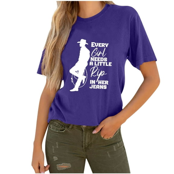 WREESH Women's Cowboy Graphic Tee Fashion Casual Pullover with Crew Neck Short Sleeve Purple
