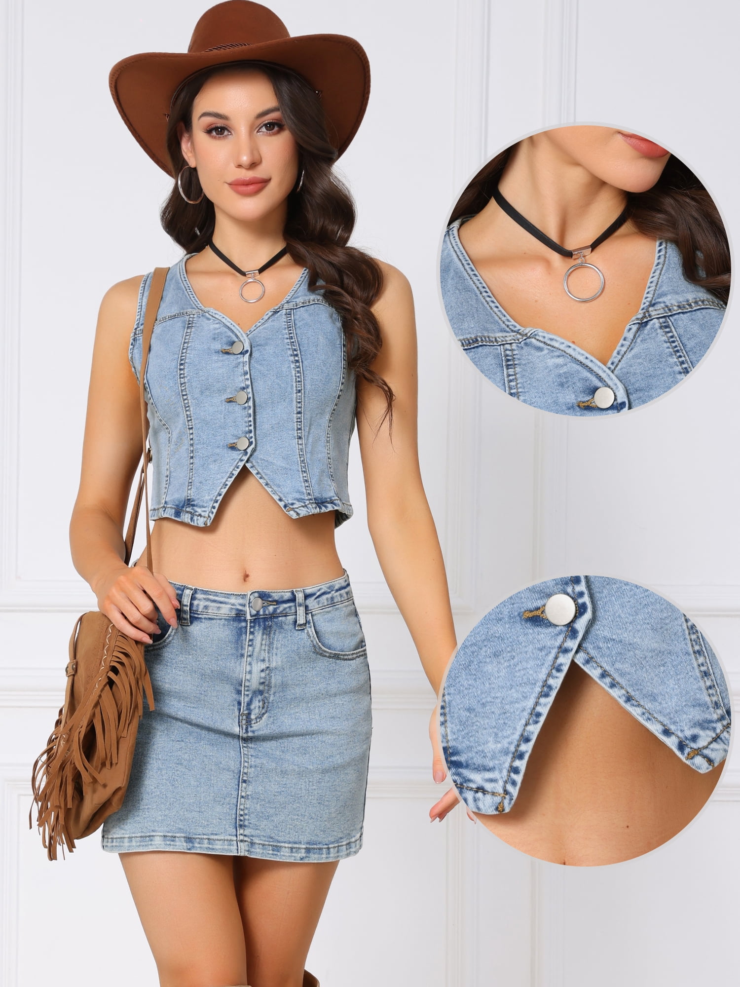 DARING DIVA Women's Sleeveless V Neck Button Down Cropped Jean Vest L Light Blue
