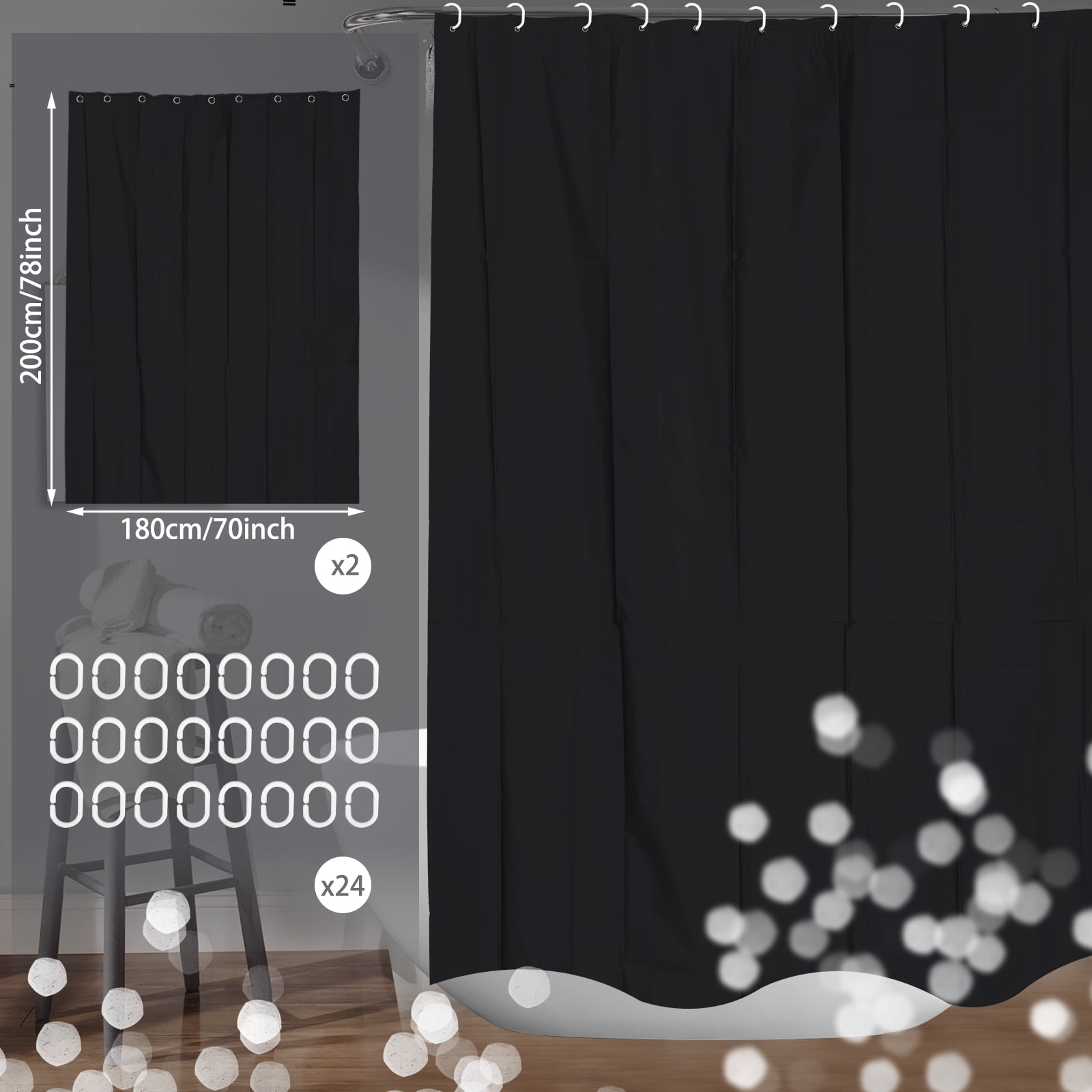 Dznils Black PEVA Shower Curtain Liner Bathroom with Hooks Mildew Resistant Waterproof, 72" W x 78" H, 2 Pack