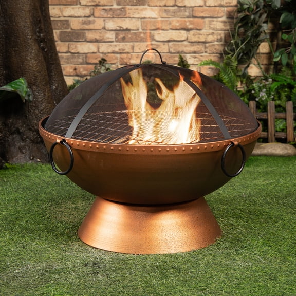 Deko Living 31 Inch Round Outdoor Steel Wood Burning Fire Pit Table with Screen Lid and Poker