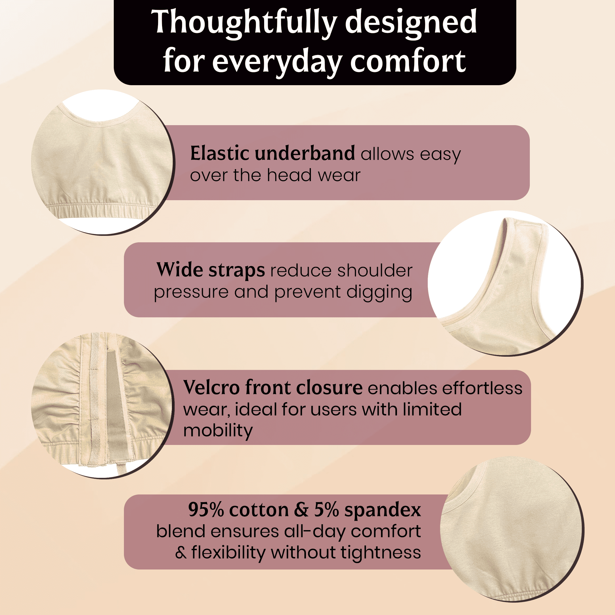 Alessandra B Adaptive Bra for Elderly - Easy On Velcro Front Closure, Wide Straps, Elastic Underbnand Nude