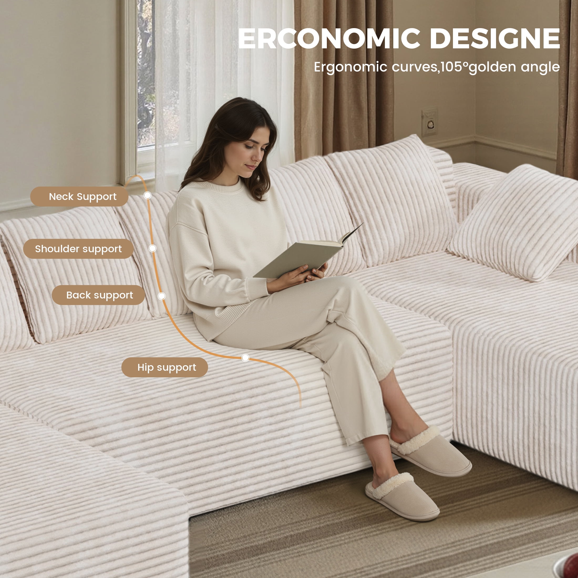 Daluvenix 131'' Modular Sectional Couch Modern U-Shaped Floor Sofa with Double Chaise Lounge Free Combination Luxury Couches for Living Room Beige
