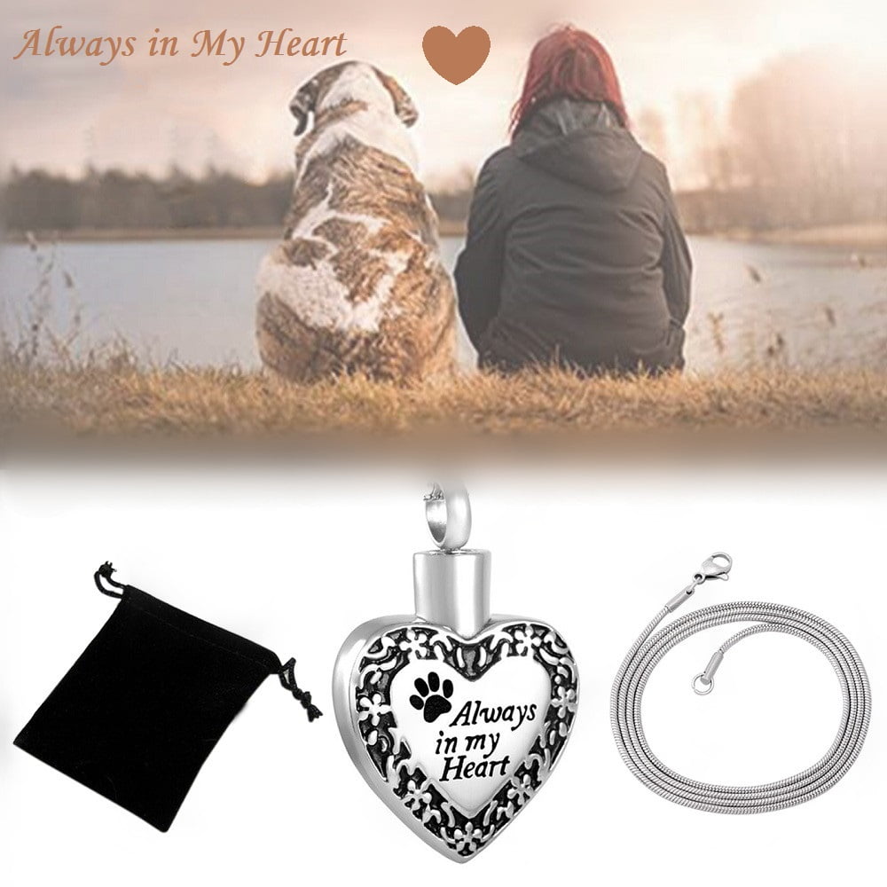 3D Carved Paw Print Urn Necklace with Bag for Human Pet Ashes - Silver Dog Paw Heart Ashes Pendant Necklace, MUTOCAR Cremation Keepsakes Jewelry for Loss of Beloved Men&Fur Baby, 'Always My Heart'