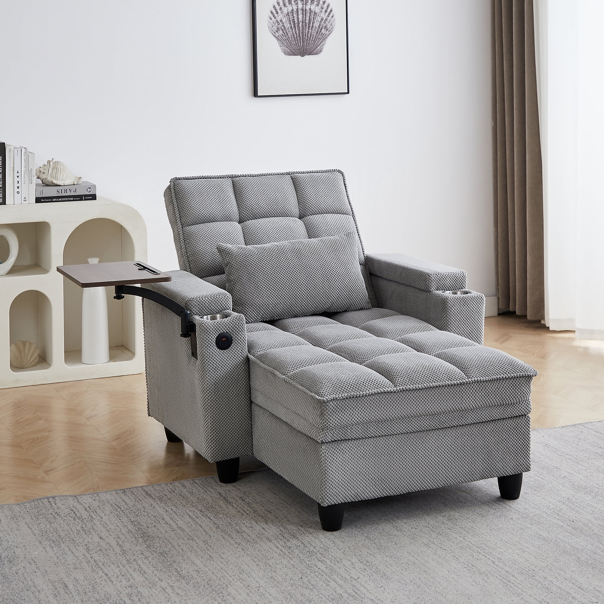 Gewnee 3-in-1 Convertible Sleeper Chair, Pull Out Single Sofa Bed with Adjustable Backrest, 360° Swivel Side Table, USB Charging Ports & Cup Holders, Ideal for Dorms & Offices, Light Gray