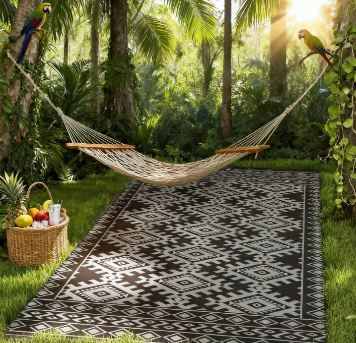 9' x 18' Black & Gray Rhombus Border Reversible Outdoor Rug, Waterproof Patio Camping Mat with Carry Bag, Foldable Portable RV Carpet