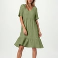 thumbnail image 5 of Dressy Dresses for Women Flowing 2025 Cotton Linen Knee Length V Neck Loose Shirt Dresses Short Sleeve Ruffle Tiered Layered Formal Midi Dresses Army Green XXL, 5 of 5