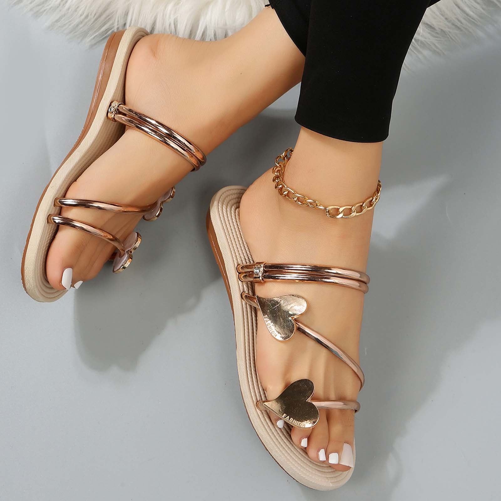 Dpityserensio Women's Fashion Summer Slippers Heart Decorate Round-toe Casual Flat Sandals Gold 6(37) - Walmart.com