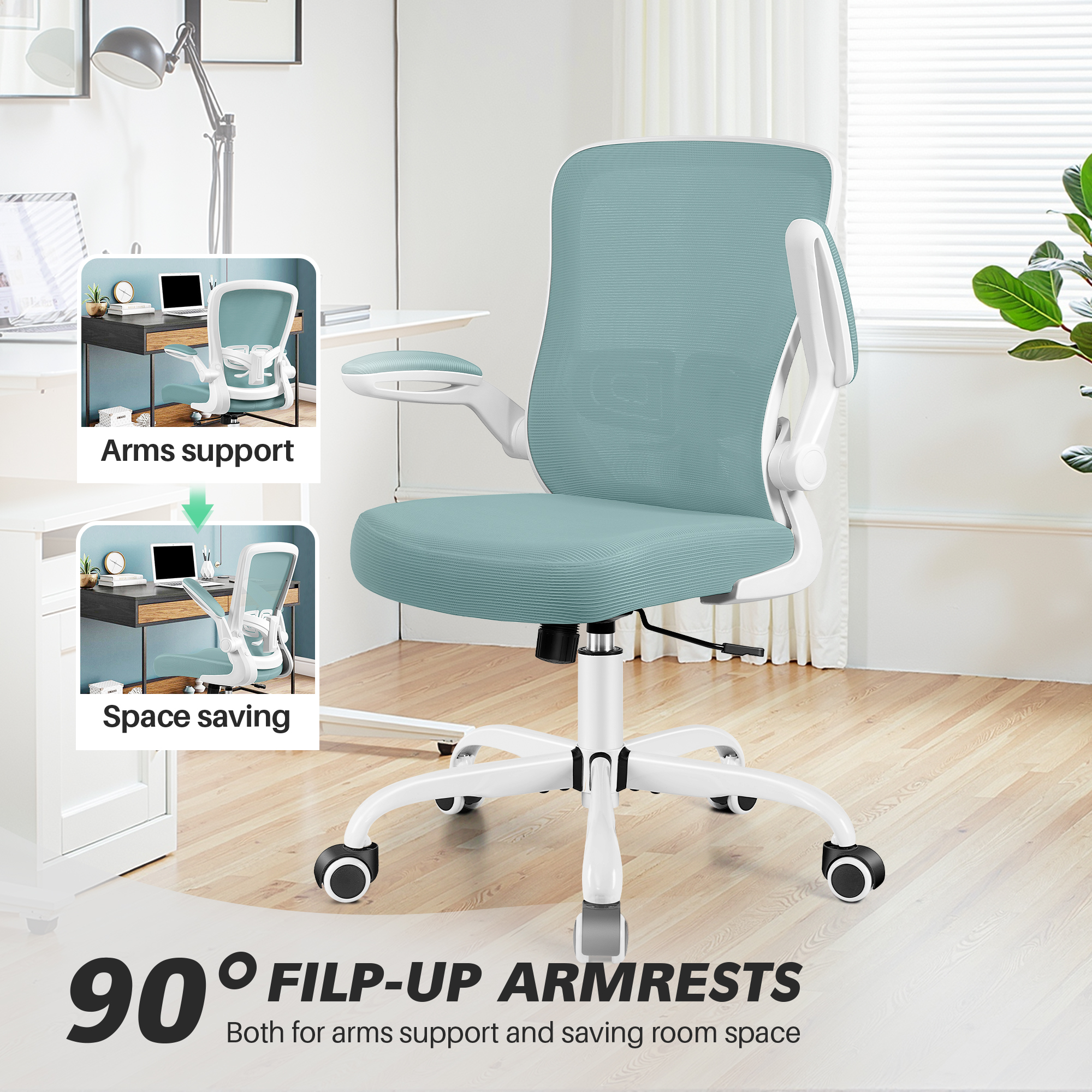 COOLHUT Ergonomic Office Chair, Home Office Desk Chair, Comfort Mesh Task Chair with Adjustable Lumbar Support and Flip up Arms, Light Blue