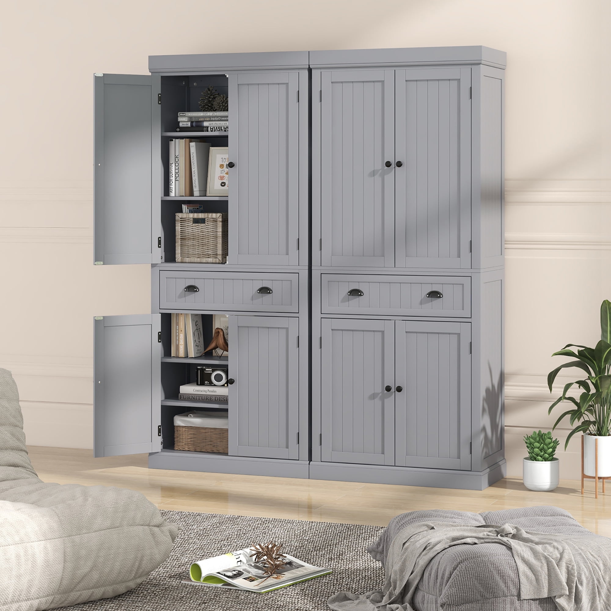 Gymax 72'' Kitchen Pantry Storage Cabinet Tall Freestanding Cupboard w/ 4 Doors Large Drawer Gray