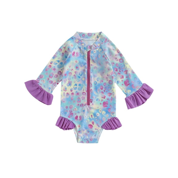 Wassery Toddler Baby Girls Summer Romper Swimsuit Leopard Print Long Sleeve Round Neck Ruffle One Piece Rash Guard Bikini Bathing Suit Beach Wear 6M-4T