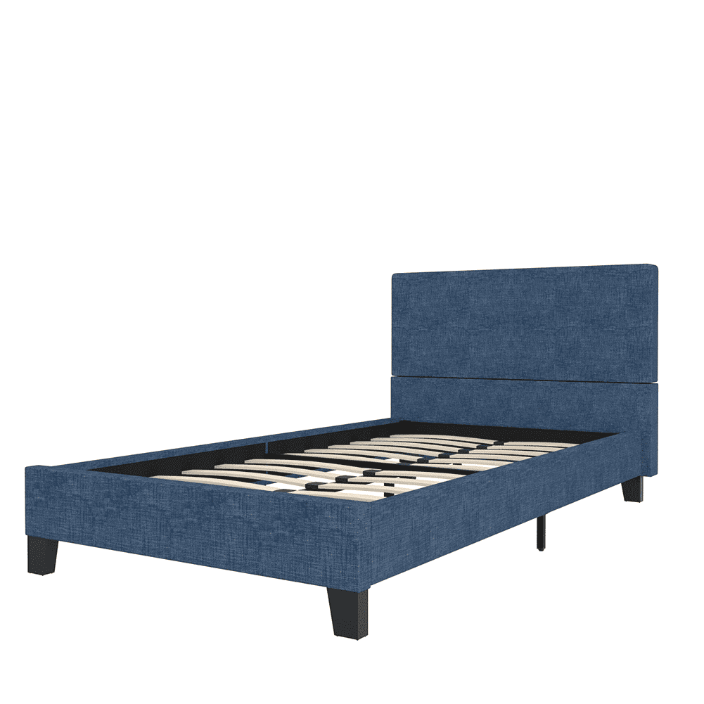 Kadyn Upholstered Linen Twin Platform Bed, Twin Size Bed with Tufted Square Stitched Fabric Headboard, Modern Bed Frame for Bedroom, Dark Blue