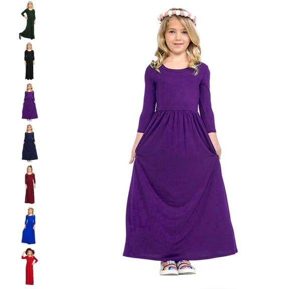 Bmisegm Girls Dress Three Quarter Sleeve Round Neck Ruched Waist Casual Long Maxi Dress Dresses for Girls 8-9 Years
