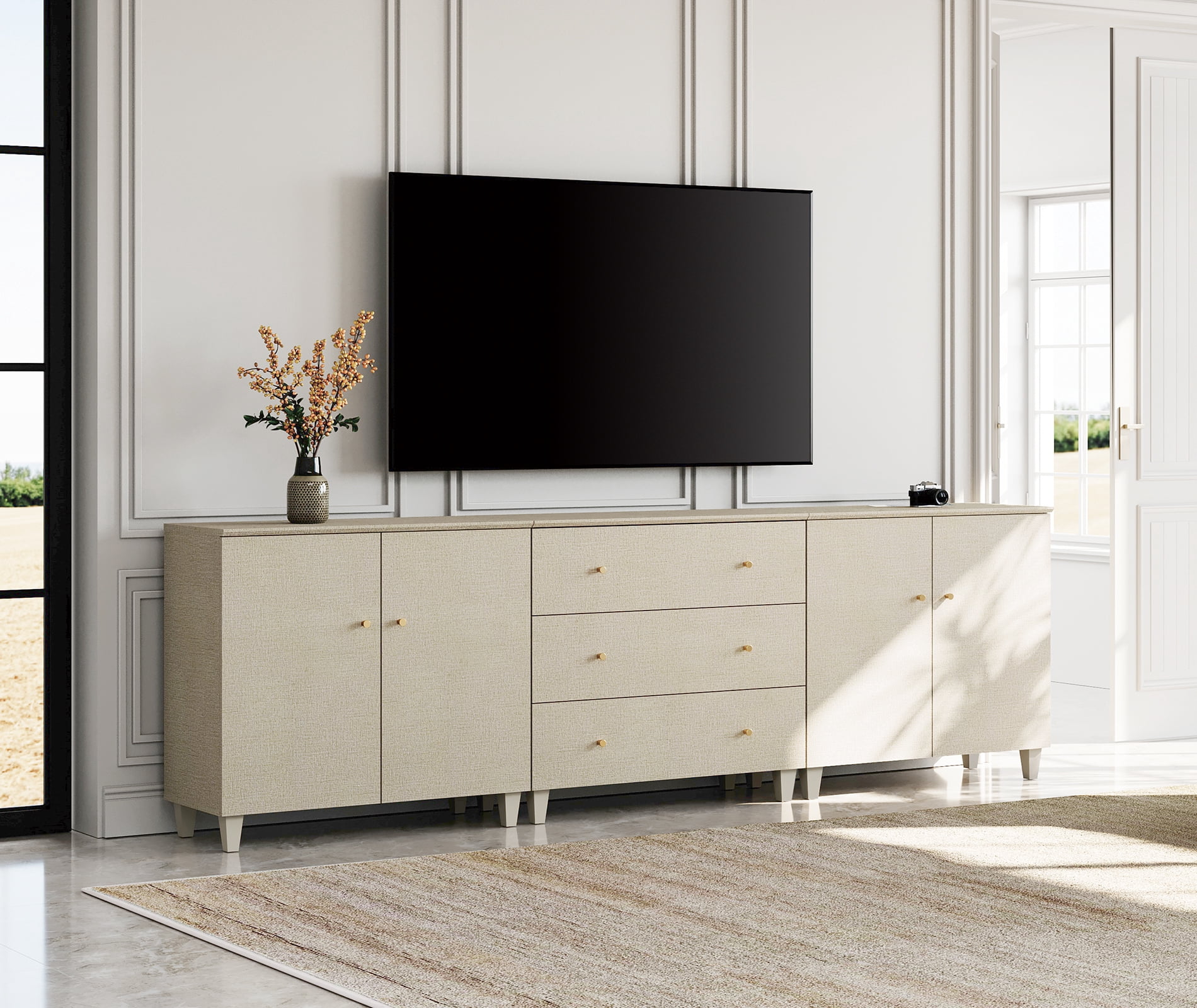 WAMPAT Wide TV Stand for 100+ Inches TVs, 3-in-1 Modern Wooden Media Console with 3 Spacious Drawers and 2 Storage Cabinets for Living Room, Beige