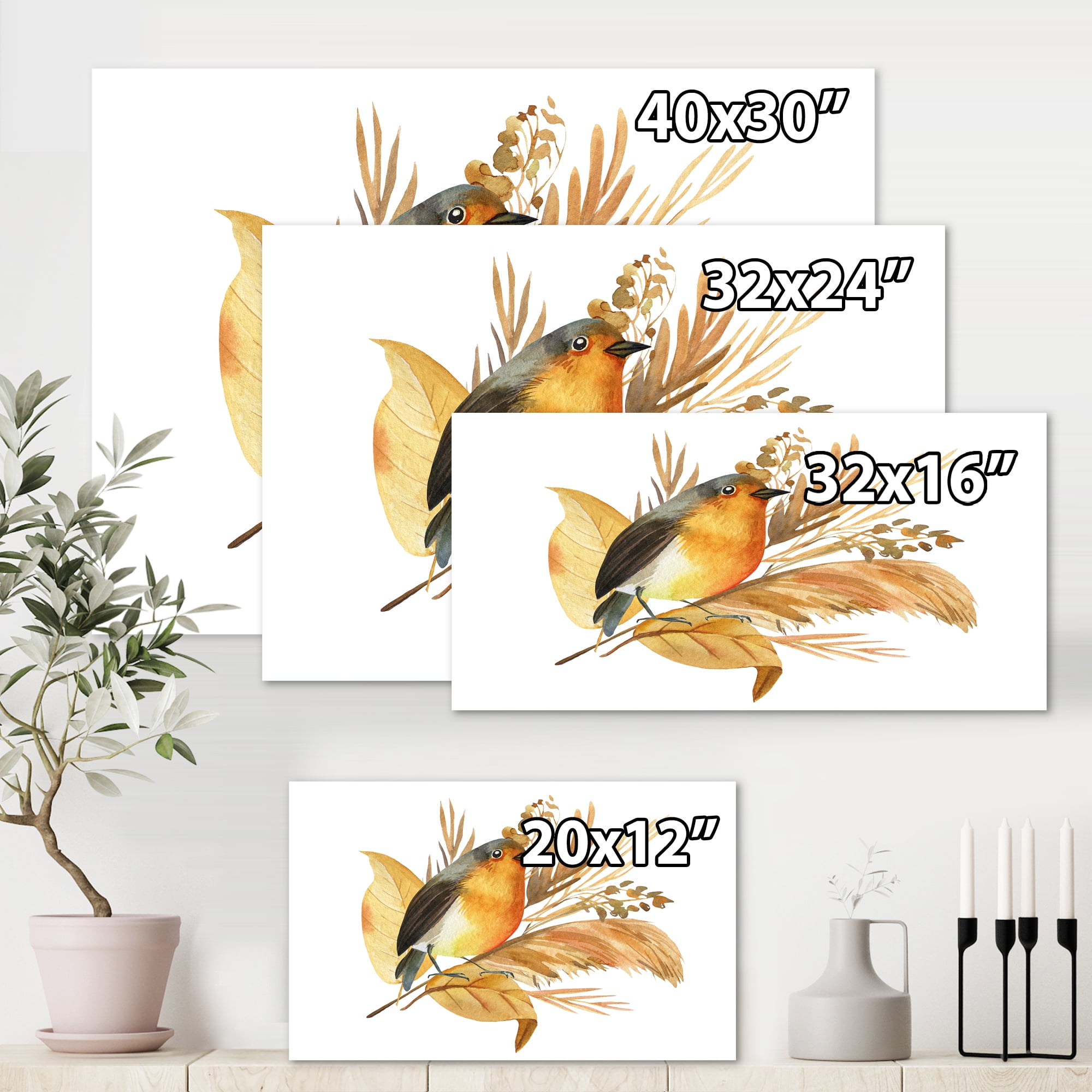 Designart ' Autumn Flowers and Robin Bird ' Traditional Canvas Wall Art Print