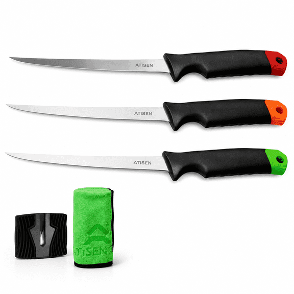 ATISEN Fishing Fillet Knife Set Stainless Steel Blade Ergonomic Handle 6 Inch Blade 5-Piece Set