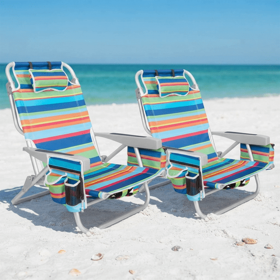 SUNSPIRE Aluminum 5-Position Beach Chair Lay Flat for Adult, Backpack Folding Chair with Cooler Bag Cup Phone Holder, Towel Bar Outdoor 2 pack