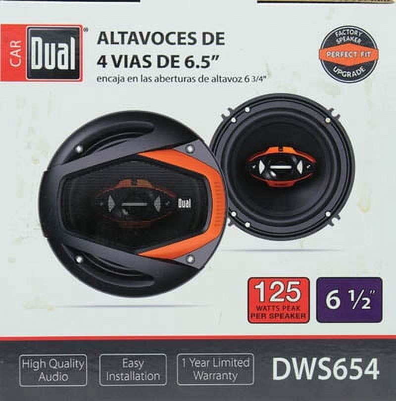 Dual DWS654 65" 4-Way Car Speakers, 125W Peak Power, Black Orange Accents, 2 Counts