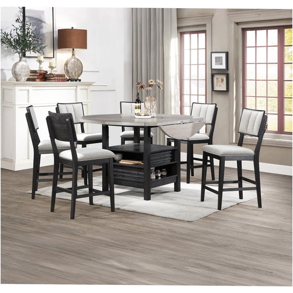 JERFIT 7-Piece Counter Height Dining Set with Round Table and 6 Upholstered Chairs, Farmhouse Modern Kitchen Dinette for 6