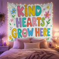 thumbnail image 2 of Kind Hearts Grow Here Among Colorful Flowers, Cheerful Illustration for Teachers, Kids Quote Decor, Back to School Gift, Tapestry Wall Hanging for Classroom and Playroom, 2 of 7
