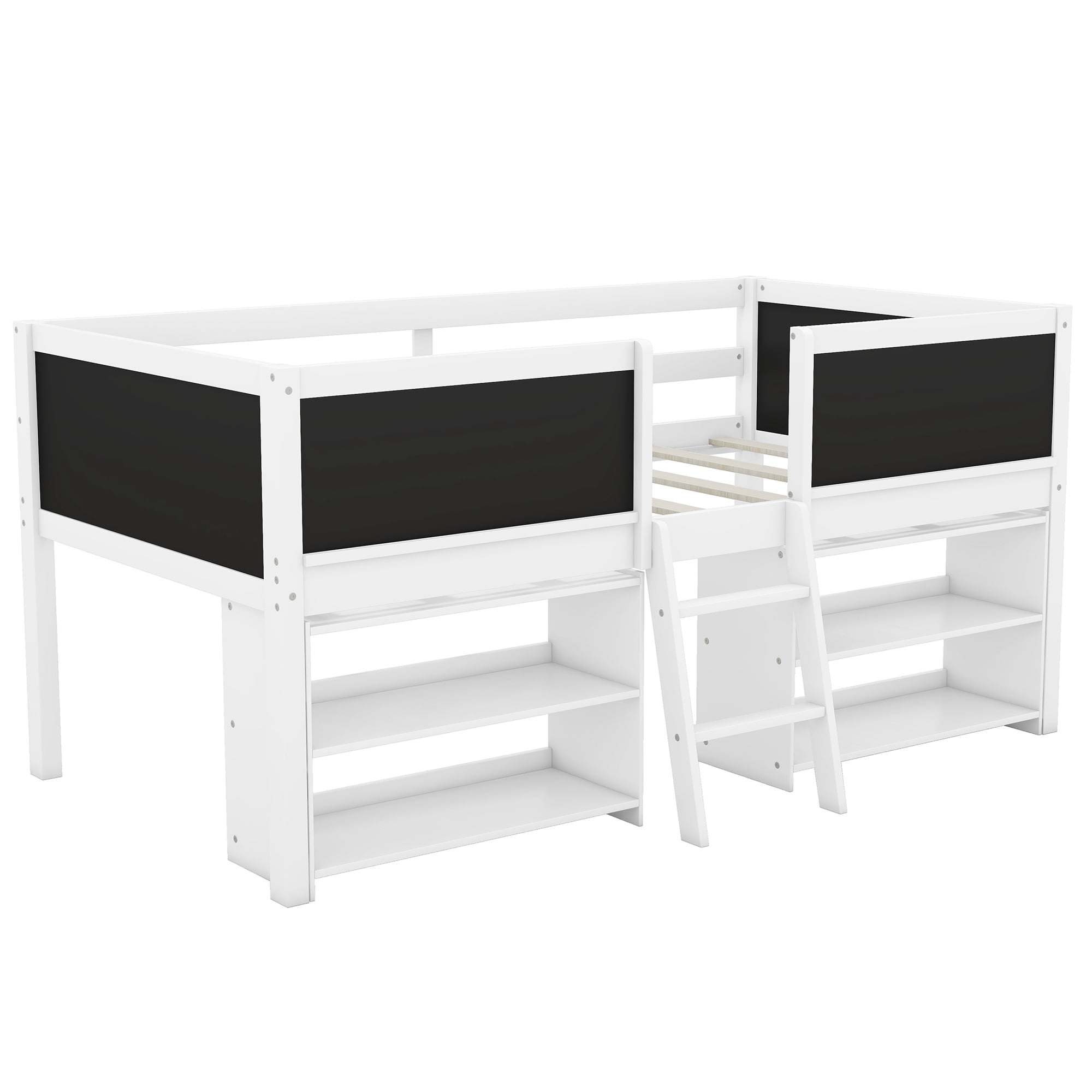 Euroco Twin Size Loft Bed with Shelves and Chalkboard, Storage Bed with Guardrails, White