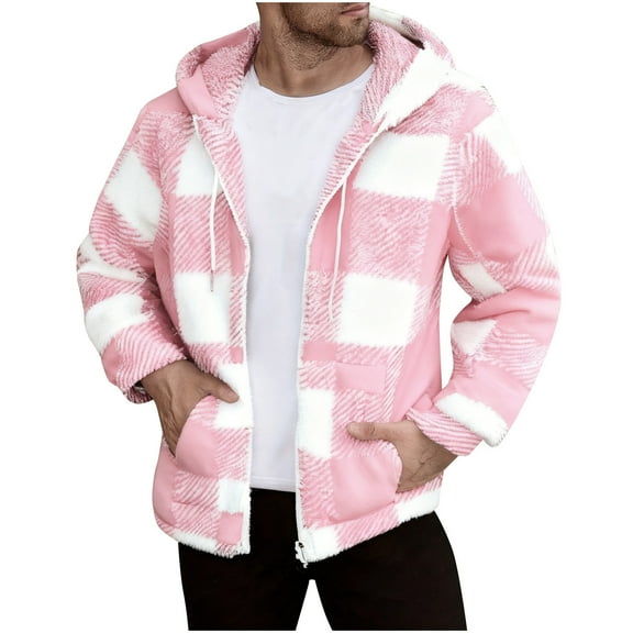 APEXFWDT Men's Fuzzy Fleece Plaid Jacket Zip-Up Fall Winter Hooded Jacket Casual Warm Coat for Weekend Outings,XXL,Pink