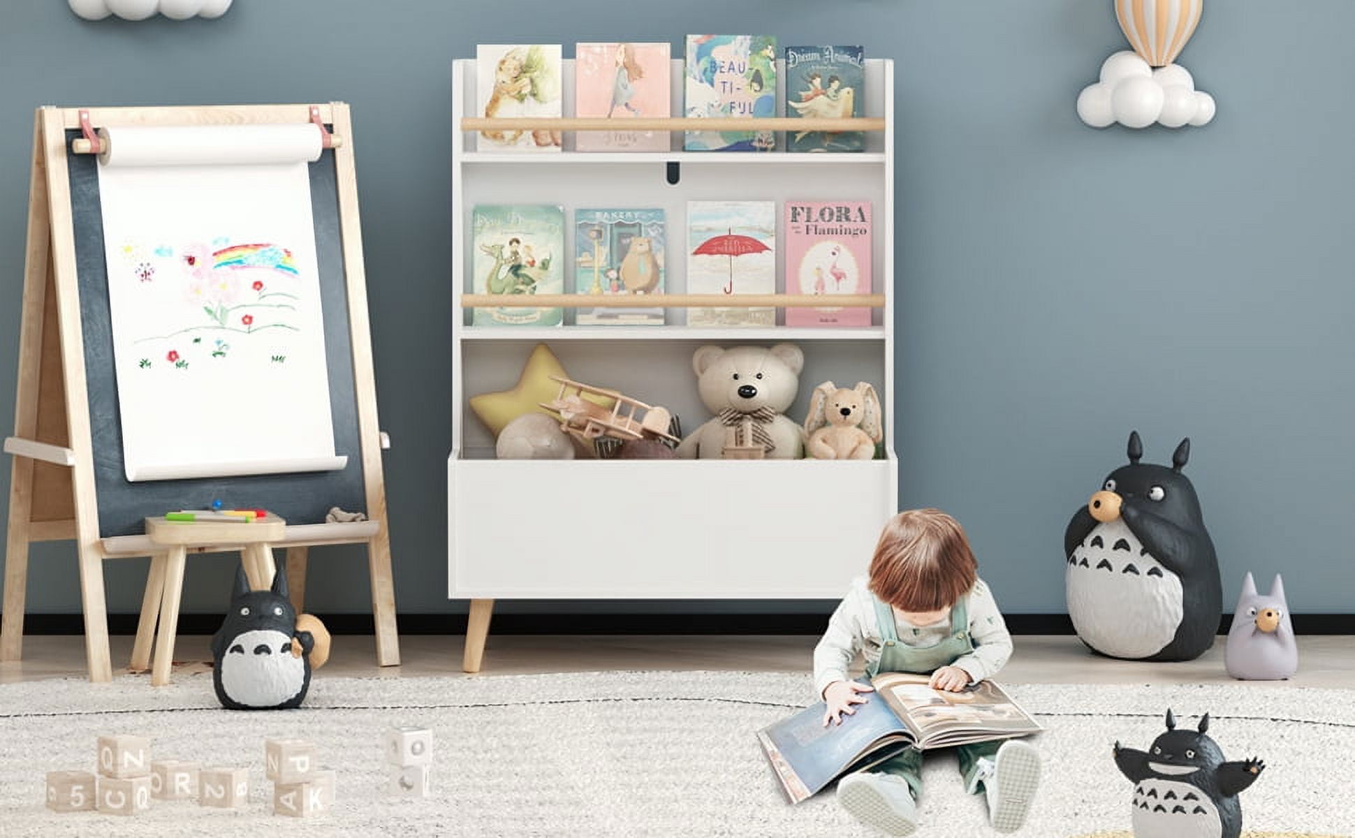 Kids Bookshelf with Toy Storage Bin, MDF & Pine Wood Legs Book Organizer, Anti-Tip Design, Total 15KG Load Capacity for Bedroom Playroom