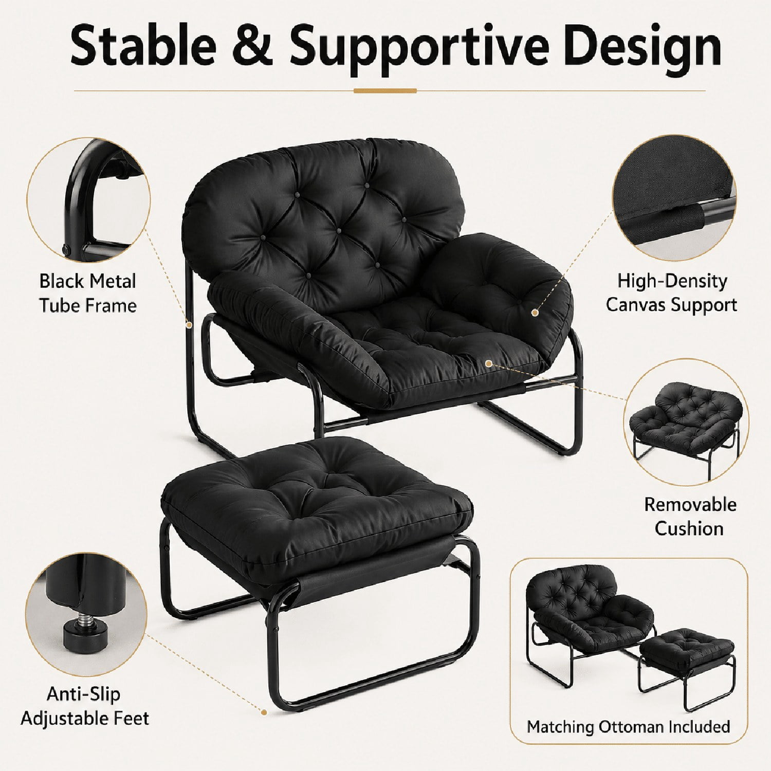 Lazy Chair with Footstool, Thick Cushioned Recliner with Faux Leather Upholstery and Stainless Steel Frame, Ergonomic Accent Chair for Living Room, Bedroom, Dorm