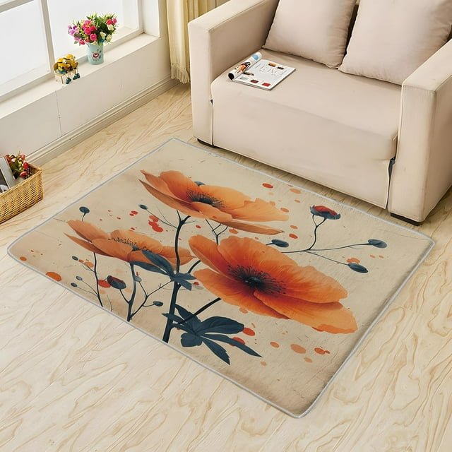 Poppy Floral Area Rug 5x7, Vintage Botanical Rugs for Living Room, Flower Carpet, Soft Non Slip Machine Washable Fluffy Easy Clean, for Bedroom Dining Room Floor Home Decor Rug Xsu&-243