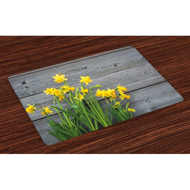 Yellow Flower Placemats Set of 4 Bouquet of Daffodils on Wood Planks