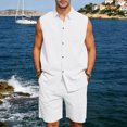 thumbnail image 5 of Yopmin Linen Set for Men 2 Piece Loose Summer Beach Tank T Shirts Solid Linen Outfits Sets for Vacation, 5 of 8