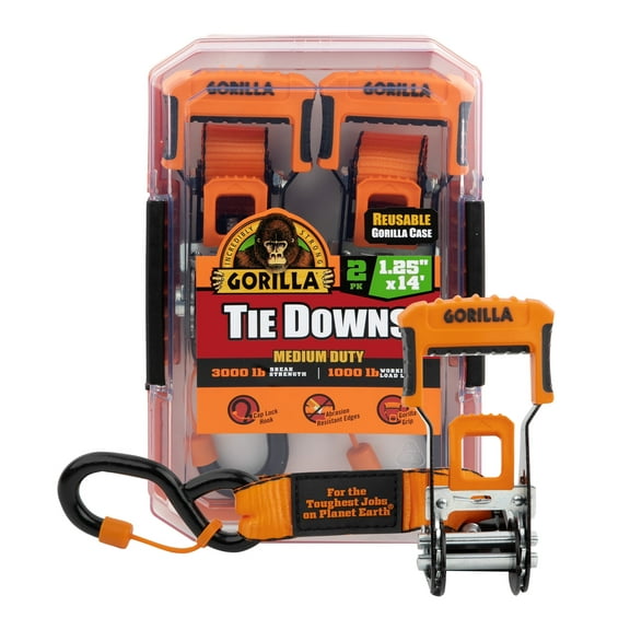 Gorilla 2 Pk 1.25" X 14' Ratchet Strap W/ Orange Gorilla Grip Handle W/ Cap Locks (Orange Webbing)