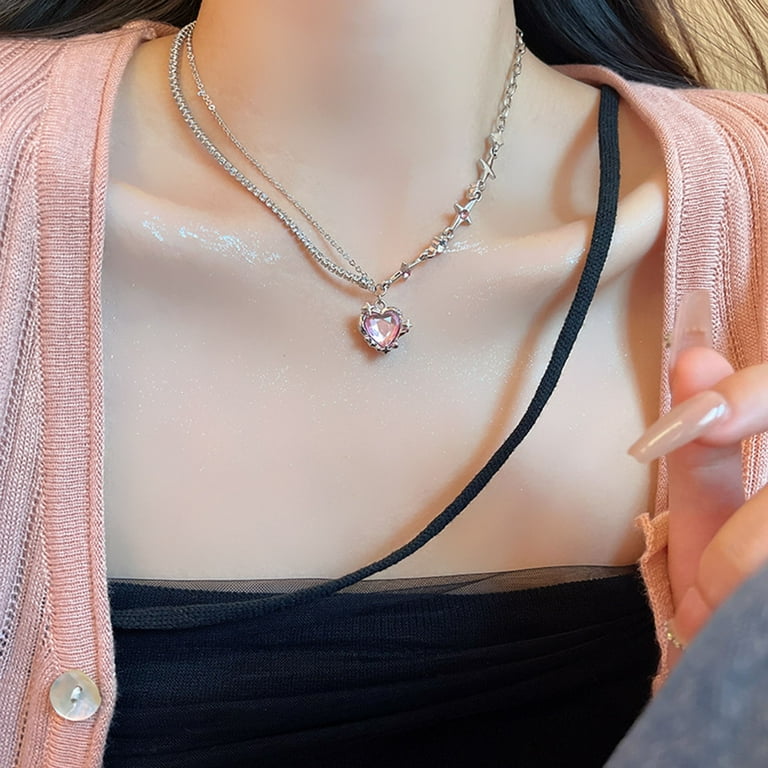 Eosunjian Punk Style Choker Necklace Heart Pendant Shiny Eosunjian Punk Style Choker Necklace Heart Pendant Shiny