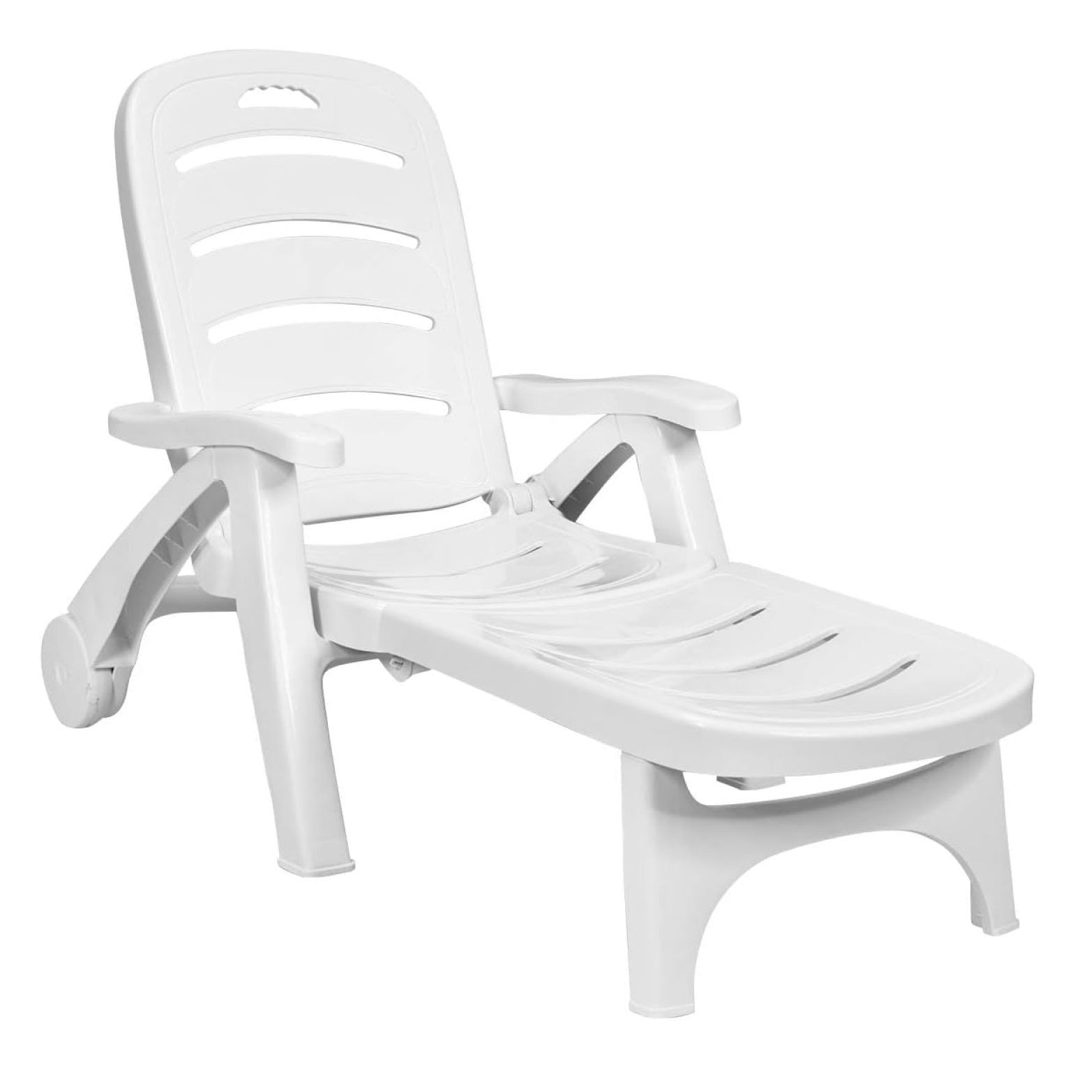 Moccha Plastic Folding Lounge Chair, 5-Position Adjustable Chaise Lounge with 2 Rolling Wheels, Armrest, Outdoor Chaise Chair for Patio, Beach, Backyard, Poolside, Home (1, White)